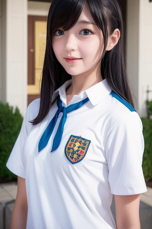 、Summer uniform with school emblem on the left chest、Her nipples are visible through her uniform