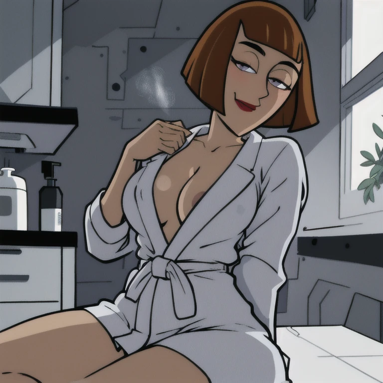 maddie fenton, looking at viewer, thinking about sex, wondering if it will work, in the kitchen, fully clothed, bathrobe, sitting at table, eye-contact, horny, masturbating secretly, hand under table, red cheeks, orgasm, masturbation, subtly flash tits, show off, steaming aura