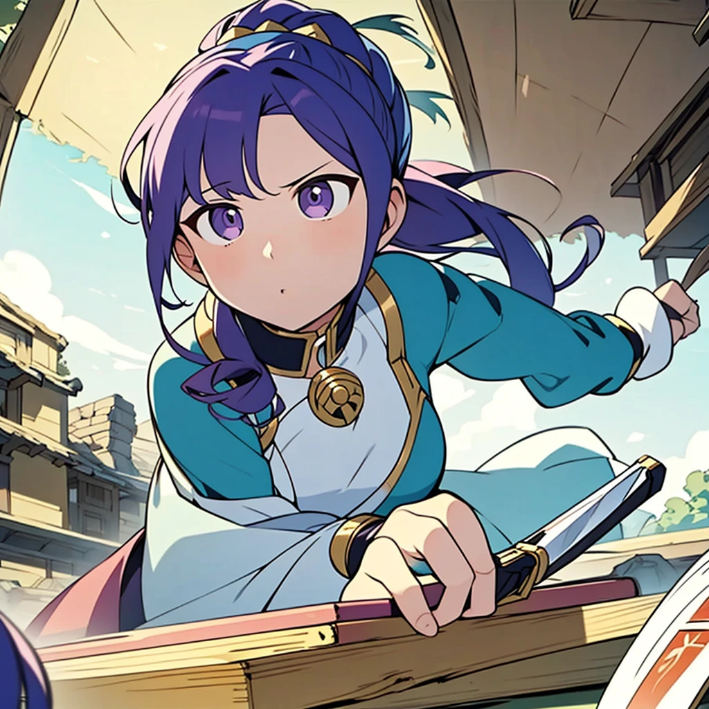 highest quality,(highest quality)),((table top)),((perfect face)),(background blur),One girl wearing a white and light blue Doraemon colored dress,purple eyes,purple hair, full body, ponytail,Brave,sword,small breasts,fantasy