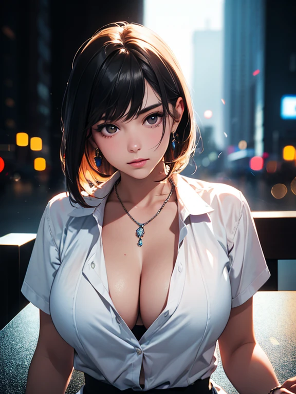 best quality, masterpiece, High resolution, a girl, Men's white collar shirt, necklace, jewelry, pretty face, big breasts, more than_Body, Tyndall effect, lifelike, dark studio, edge lighting, two-tone lighting, (HD skin: 1.2), 8K Ultra HD, SLR camera, soft light, high quality, Volumetric lighting, frank, photography, High resolution, 4K, 8K, Bokeh,