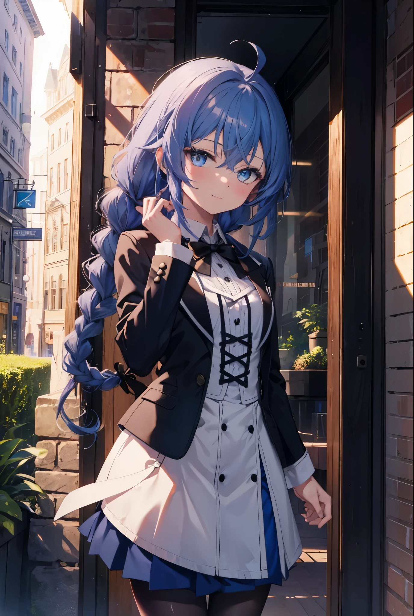 (masterpiece,intricate details),1 girl,mature woman,light _face, BREAK Roxymigurdia, Roxy, Ahoge, black ribbon, blue eyes, blue hair, Braid, hair between eyes, hair ribbon, long hair, twin Braids, very long hair,happy smile, smile, open your mouth, Destroy White Y-Shirt,Blue Blazer,Blue pleated skirt,Gray pantyhose,White Loafers,
壊す looking at viewer,
break outdoors, In town,Destroy a city of buildings (masterpiece:1.2), highest quality, High resolution, unity 8k wallpaper, (figure:0.8), (detailed and beautiful eyes:1.6), 非常に詳細なface, perfect lighting, Very detailed CG, (perfect hands, perfect anatomy),