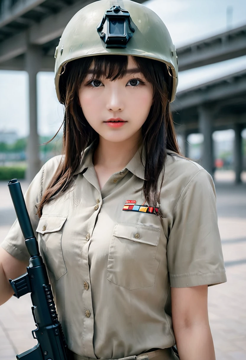 8k, RAW photo, portrait, best quality, ultra high res, photorealistic, woman in a helmet holding a gun and wearing a helmet, mechanized soldier girl, soldier girl, beautiful female soldier, infantry girl, m4 sopmod ii girls frontline, professional cosplay, military girl, inspired by Sora Aoi, with rifle, kanliu666, soldier, realistic cosplay