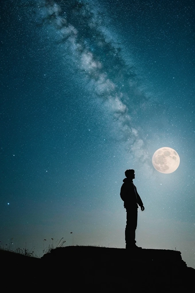 highest quality,big moon and shadow,A silhouette of a person can be seen against the background of the big moon.,There is one full moon,There is a mood,beautiful scenery,starry sky