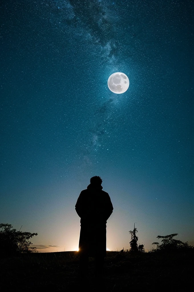 highest quality,big moon and shadow,A silhouette of a person can be seen against the background of the big moon.,There is one full moon,There is a mood,beautiful scenery,starry sky