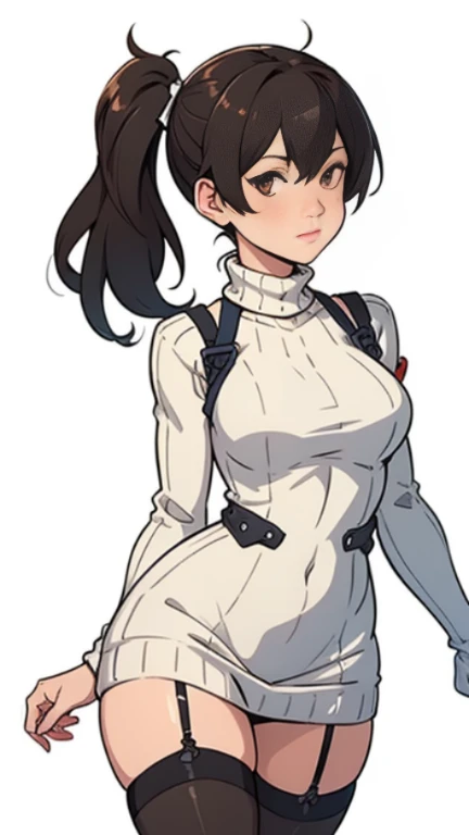 ((highest quality)), ((masterpiece)), (be familiar with), perfect face kaga (kancolle), {{kaga kai ni (kancolle)}}, side ponytail, brown eyes, black long hair, black thighhighs ,wearing a high neck sweater dress, simple background, white background, ,1girl, solo,,from front, facing the front, looking at viewer, straight-on,,{{{game cg}}},year 2023,,very aesthetic, best quality, amazing quality, ,curated, illustration, highly detailed,, tsurime,slant eyes,