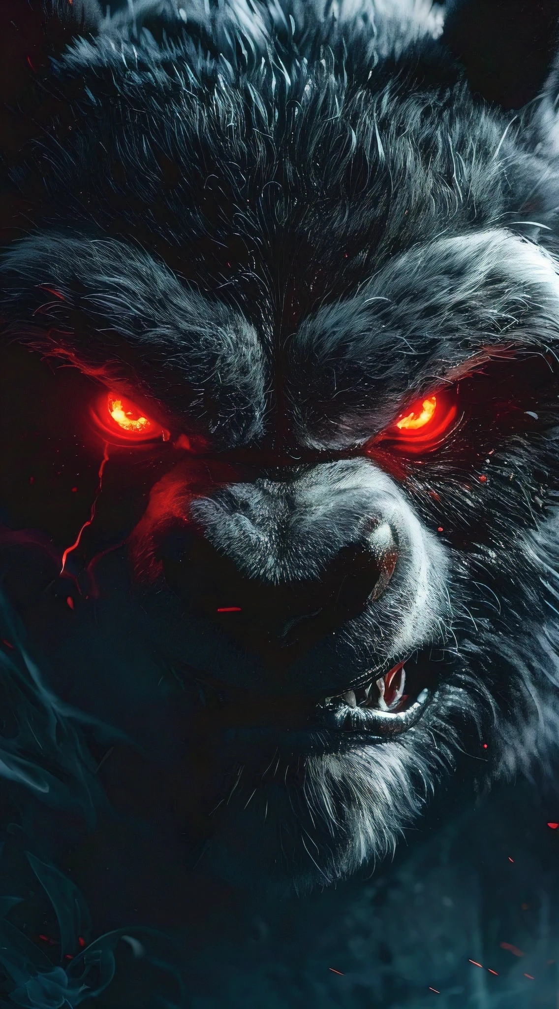 Half-face portrait of an angry Po from KungFu Panda as a giant evil very muscular monster with red glowing eyes, scary, demonic, black background, tense and dark atmosphere, ultra-realistic, cinematic shot, cinematic dramatic lighting, ultrafine details, cinema quality, cinematic camera