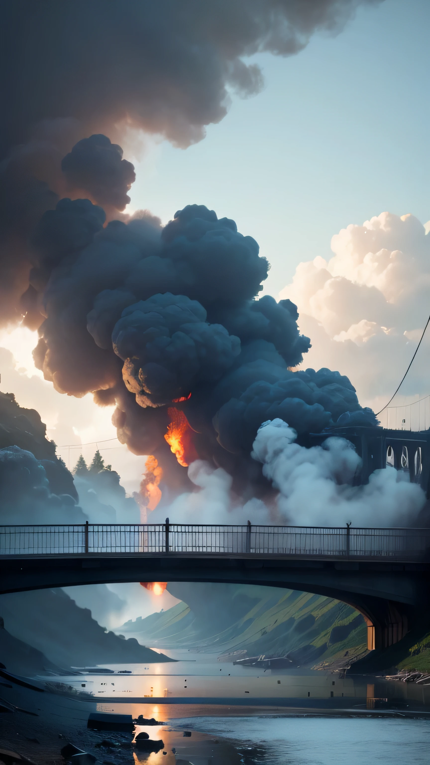 bridge collapsed, smoke, 8k, high quality