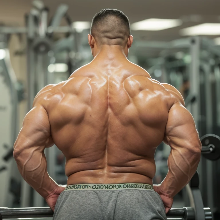 (one or two bodybuilders:1.4), (back view:1.4), (tank top:1.4), (at gym:1.4), 40's, Japanese man, manly face, fat face, (round face:1.4), (monolid eyes:1.2), (buzz cut:1.4), very large and strong body, bulky body, beefy muscles, (bulging muscles:1.4), (very large pectoral muscles:1.4), (muscular arms:1.4), muscular abs, muscular legs, muscular back, bright oily skin, (realistic:1.2), distant view