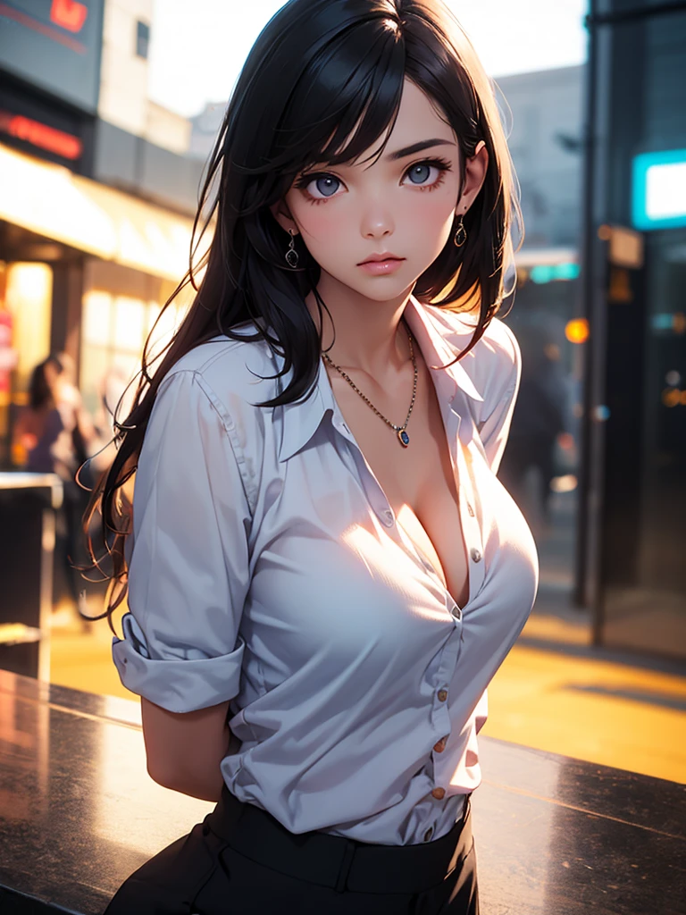 best quality, masterpiece, High resolution, a girl, Men's white collar shirt, necklace, jewelry, pretty face, big breasts, more than_Body, Tyndall effect, lifelike, dark studio, edge lighting, two-tone lighting, (HD skin: 1.2), 8K Ultra HD, SLR camera, soft light, high quality, Volumetric lighting, frank, photography, High resolution, 4K, 8K, Bokeh,