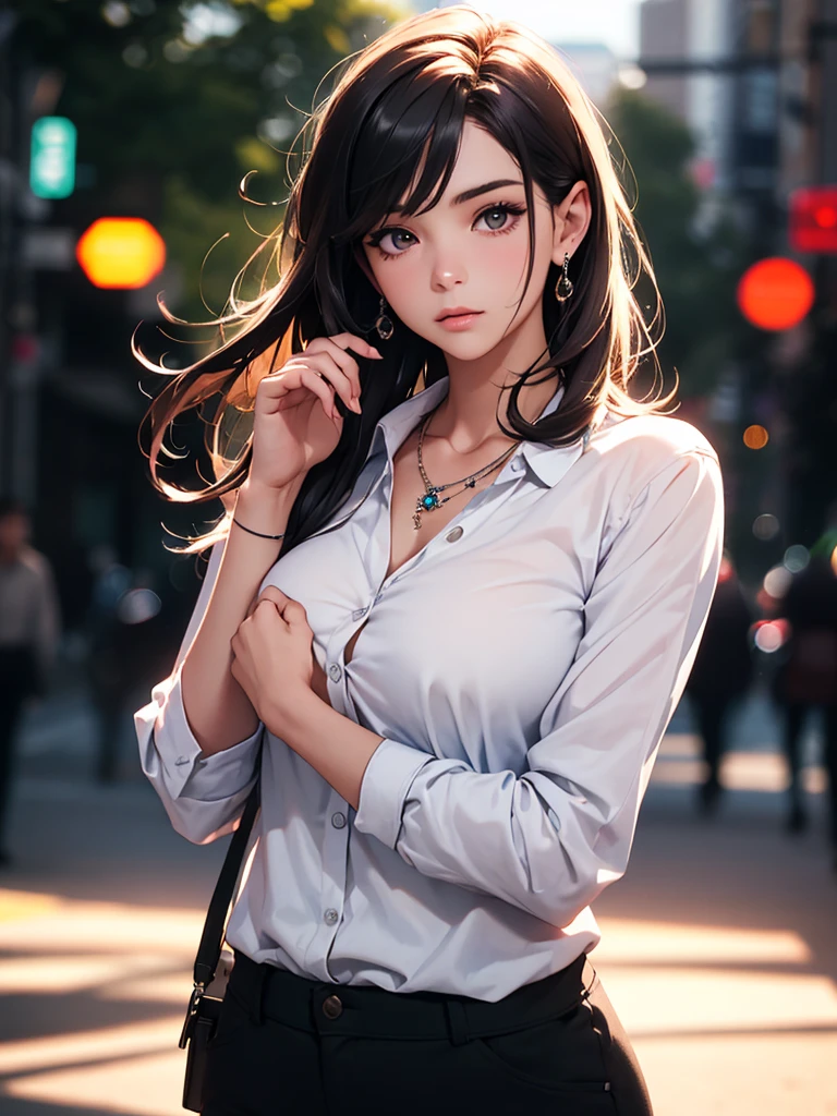 best quality, masterpiece, High resolution, a girl, Men's white collar shirt, necklace, jewelry, pretty face, big breasts, more than_Body, Tyndall effect, lifelike, dark studio, edge lighting, two-tone lighting, (HD skin: 1.2), 8K Ultra HD, SLR camera, soft light, high quality, Volumetric lighting, frank, photography, High resolution, 4K, 8K, Bokeh,