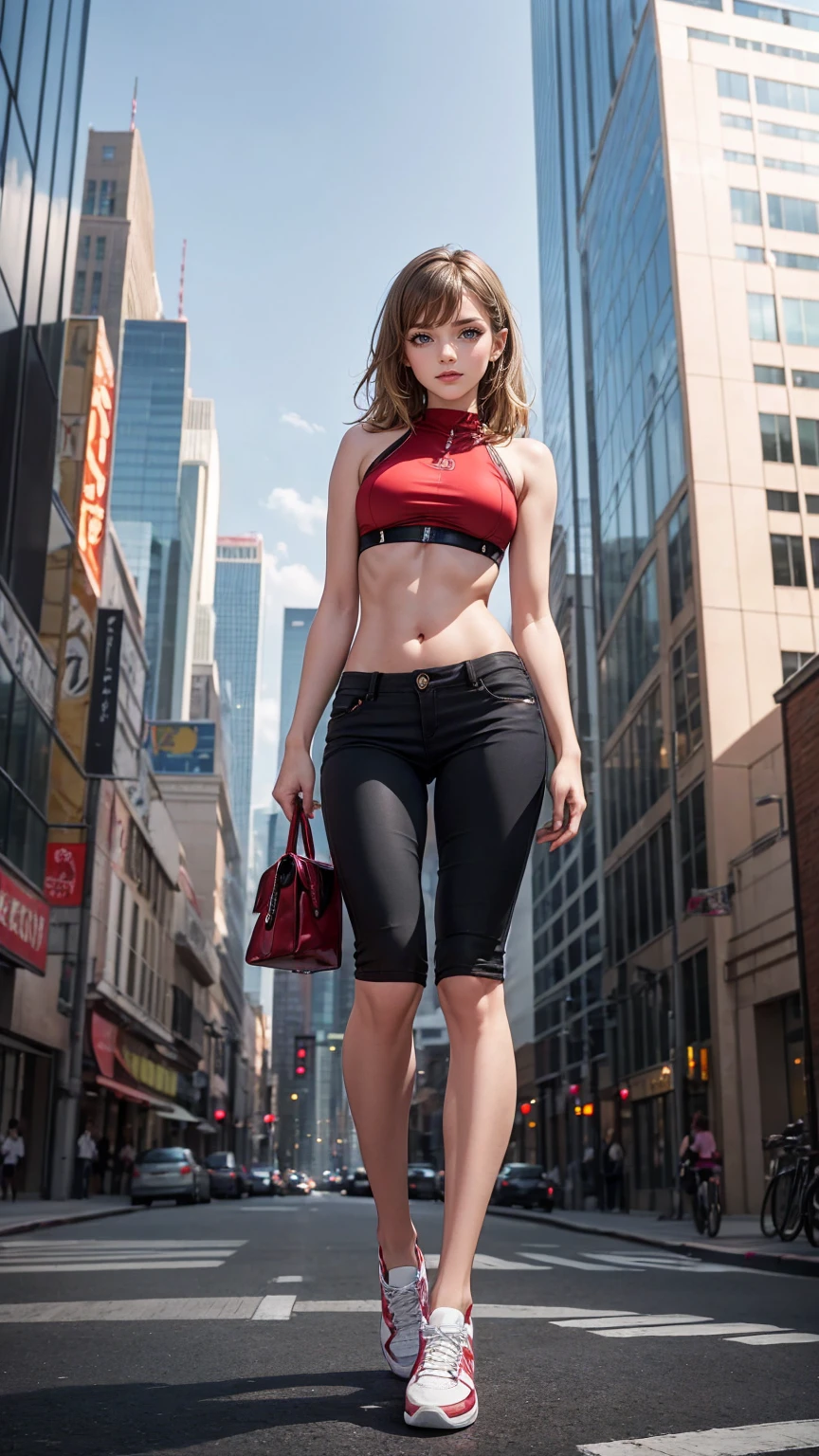 ((最high quality, 8K, masterpiece: 1.3, Ultra HD, high quality, 最high quality, High resolution, realism)) 、25 year old Japanese woman、blue、brown eyes、long hair、straight hair、髪の毛がblueからパープルのグラデーションカラー、smile、Slender but well-proportioned muscular body、Athlete-like body type、I don't want my head to disappear from the screen.、Wearing red nail polish、I have a peticure、Wearing a high-neck zipper-up top、I can see the underboob、I'm punching my chest、No sleeve、I can see the belly button、My abs are cracked、She is wearing a low-rise mini-length pleated skirt.、wearing high heels、smile、I am on a road surrounded by skyscrapers in a big city、Low - Angle