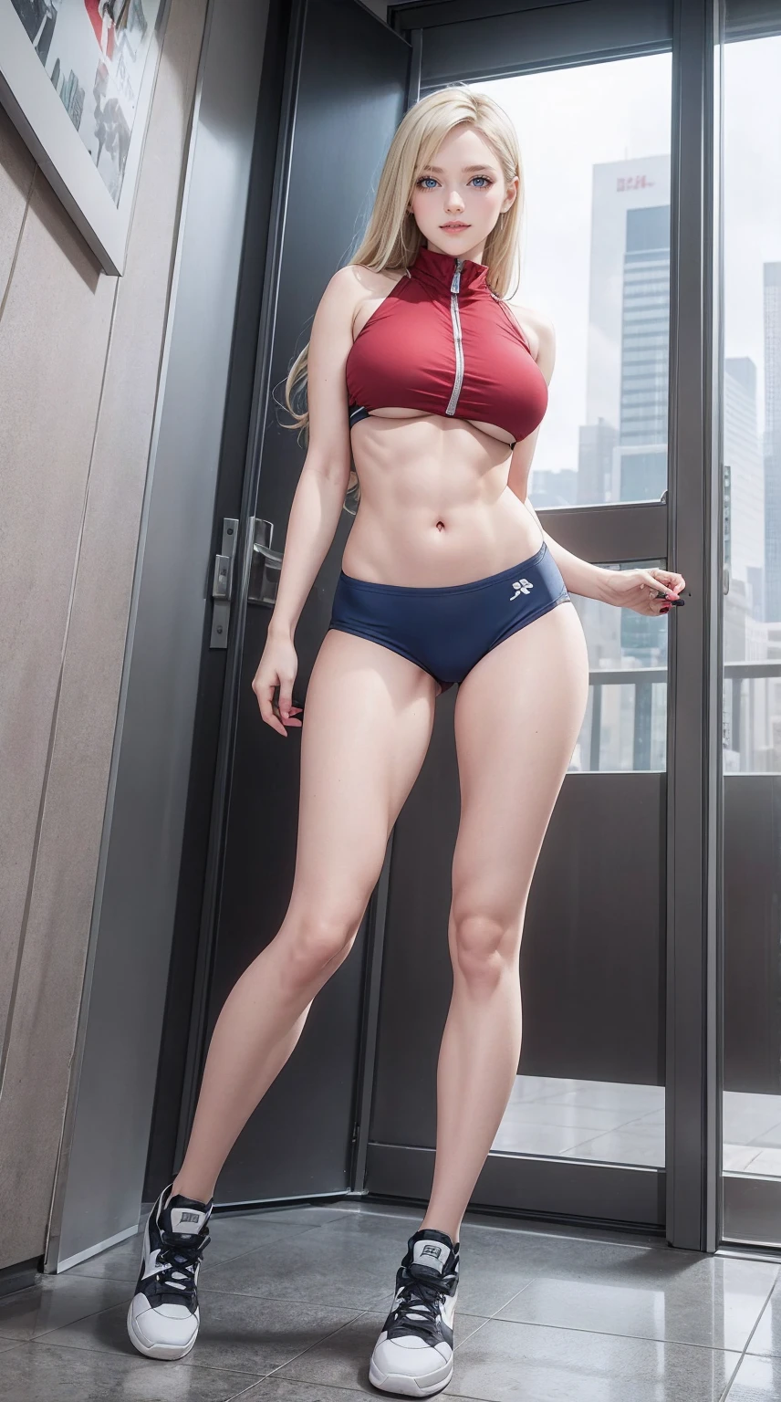 ((最high quality, 8K, masterpiece: 1.3, Ultra HD, high quality, 最high quality, High resolution, realism)) 、25 year old white woman、platinum blonde、blue eyes、long hair、straight hair、smile、Slender but well-proportioned muscular body、Athlete-like body type、I don&#39;t want my head to disappear from the screen.、Wearing red nail polish、I have a peticure、Wearing a high-neck zipper-up top、I can see the underboob、I&#39;m punching my chest、No sleeve、I can see the belly button、My abs are cracked、I&#39;m wearing low-rise hot pants、I'm wearing sneakers、smile、I&#39;m on the roof of a skyscraper with a view into the city.、髪がplatinum blondeとパープルのグラデーションカラー