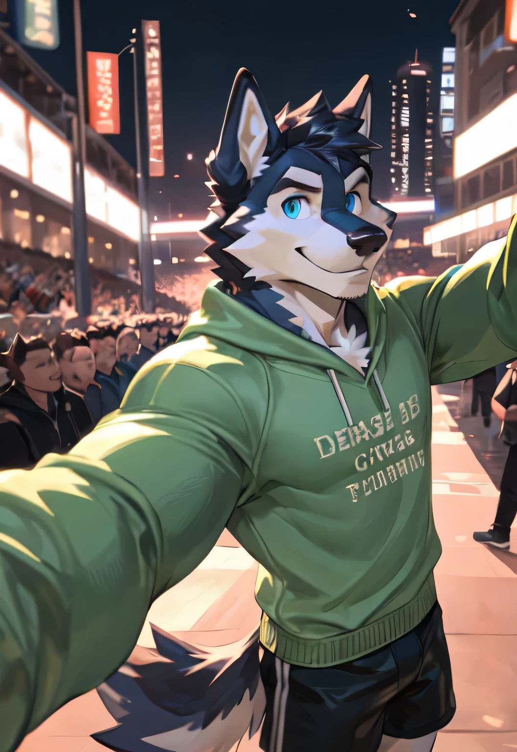 A Husky Male Muscle Sweater，A 23-year-old adult holding a smartphone alone outdoors，Selfie green fur and blue eyes，Wearing boxers，smiling and looking at audience