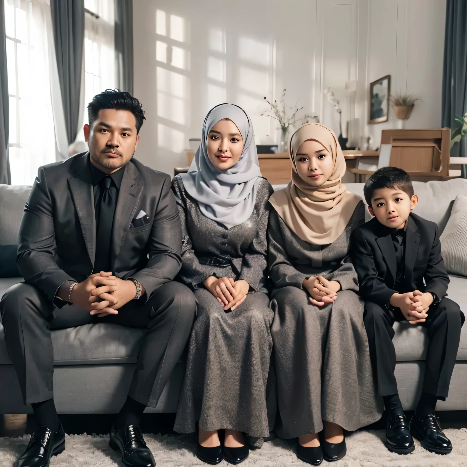 For a friendly close up photo style,four members, 40 year old Indonesian MAN with clean face, chubby, 40 year old WOMAN wearing a hijab, chubby, 14 year old GIRL wearing a hijab, 8 year old BOY. They are wearing black suits and the latest luxury gray sharia robes, wearing black shoes, which are in harmony, posing sitting on the sofa, the studio has a luxurious house in the background. details. fresh colors, white lighting, photo super-realistic,ultradetailed 8k, HD.