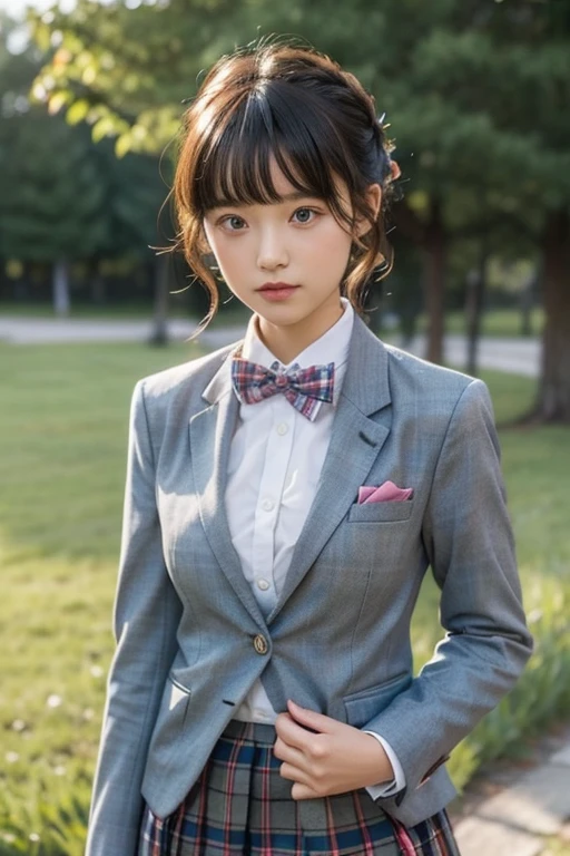 No ribbons in your hair,,blazer,checked skirt,A bow tie,Hair shortcuts