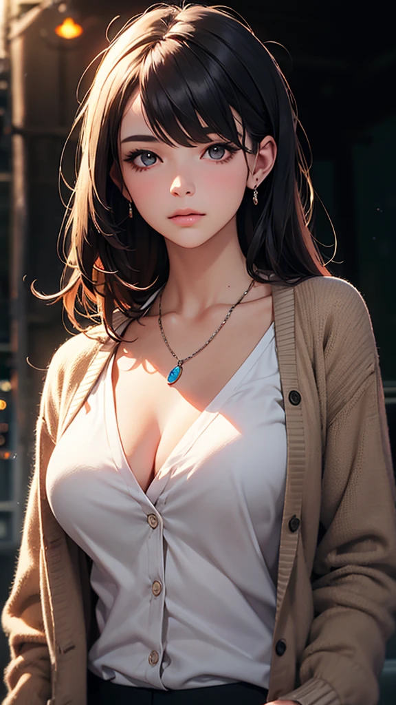 best quality, masterpiece, High resolution, a girl, Men&#39;s white collar shirt, (Cardigan), necklace, jewelry, pretty face, big breasts, more than_Body, Tyndall effect, lifelike, dark studio, edge lighting, two-tone lighting, (HD skin: 1.2), 8K Ultra HD, SLR camera, soft light, high quality, Volumetric lighting, frank, photography, High resolution, 4K, 8K, Bokeh,