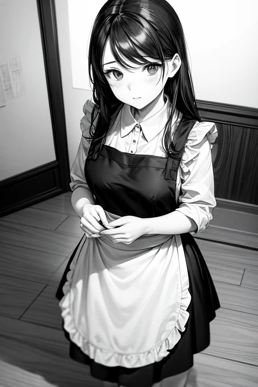 monochrome,masterpiece,illustration, best quality, best aathetic,woman,
apron,45 years old,
solo,standing,long shot,Low angle and full shot, from above,white background,