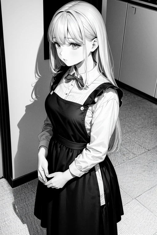 monochrome,masterpiece,illustration, best quality, best aathetic,woman,
apron,45 years old,
solo,standing,long shot,Low angle and full shot, from above,white background,