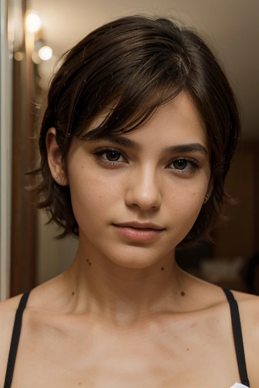 portrait of a young man with light brown skin, sensual lips, wavy hair short hair, dark bright eyes, innocent and sensual expression, (shaved), natural lights, detailed face and eyes, a few moles on the face, 8k, hd, sharp focus, professional, best quality, realistic portrait,