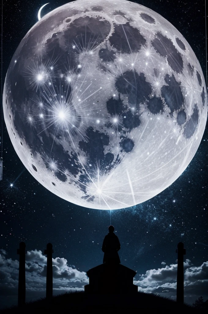 highest quality,big moon and shadow,A silhouette of a person can be seen against the background of the big moon.,There is one full moon,There is a mood,beautiful scenery,starry sky
