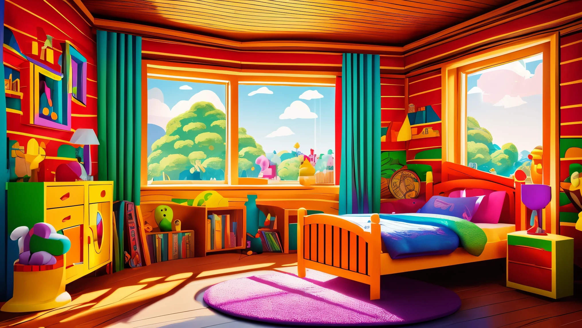 ((bright)), (rich bright colors), Cartoon children's wooden room inside  with a bed and toys, a bright sunny day, inside a wooden house, bright curtains on a round window, children's bright posters on wooden walls, children's cabinets with books and toys, plush toys, cozy, detailed background artwork masterpiece, Mobile game background, scenery art detailed, Detailed game art, 8k