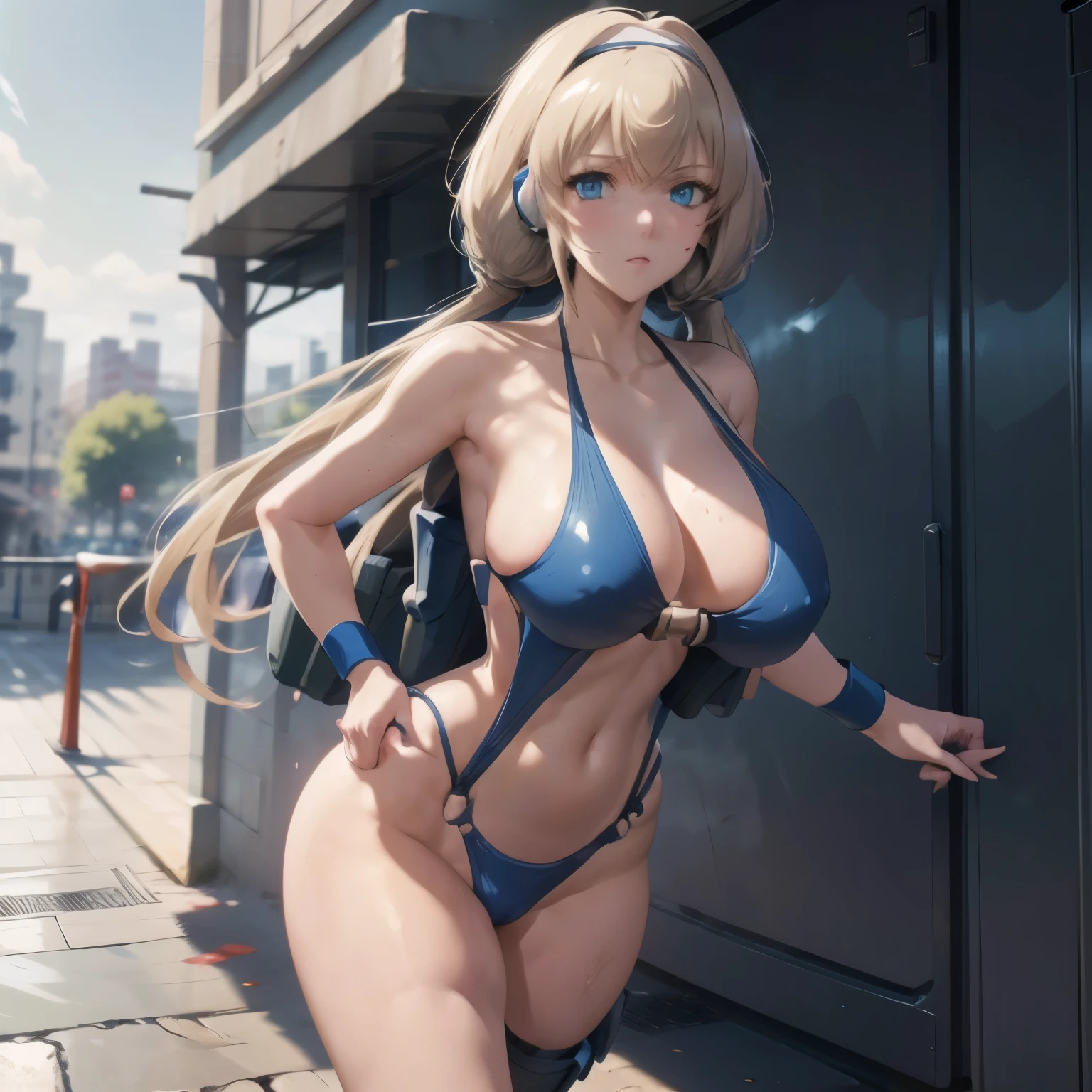 Imperial Guard Combat Uniform Swimsuit, o-ring bikini, v gundam, swimsuit, absurdres, highres, solo, cowboy shot, 1girl, neneka nibrou \(cosplay\), wristband, headphone, holster, backpack, holding gun, aiming, perfect hands, wind, huge breast, large breast, apocalyptic background multiple girls, battle, crowd, blood splatter, fleeing, grabbing, running, foreshortening, attack, fighting, 1GIRL, BLONDE HAIR, LOW TWINTAILS, LONG HAIR, BLUE EYES, BANGS, MITSUBA1