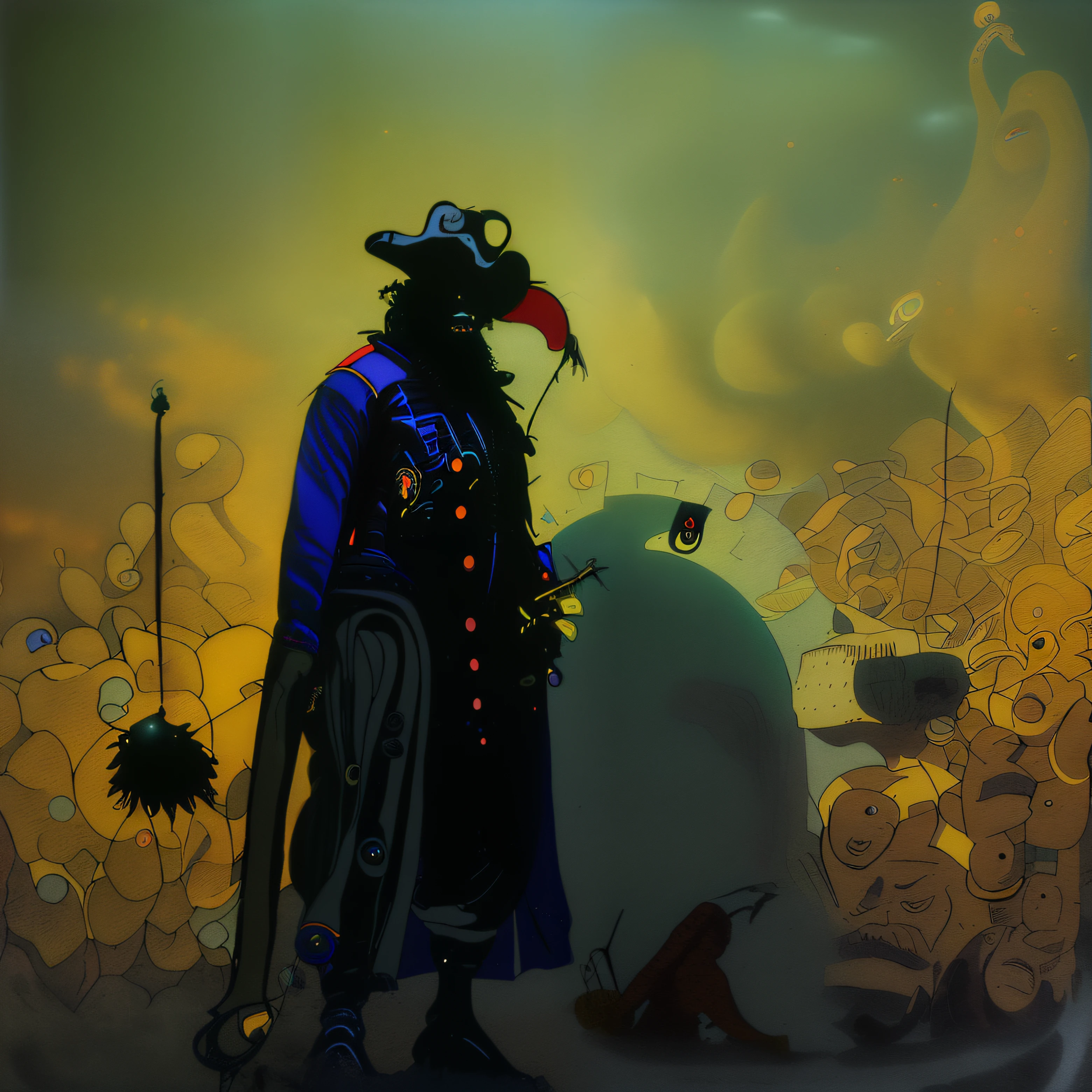 il y a un homme portant un masque de peste debout dans un champ, plague doctor, the plague doctor, cowboy plague doctors, Beczinski, par Maxime Verehin, beksisnski, emerald gold and beksinski, Style Beksinski, Peinture à l’huile de dark fantasy, Style Beksinski painting, cinematic. Peinture de Beksinski, Beksinski's masterpiece