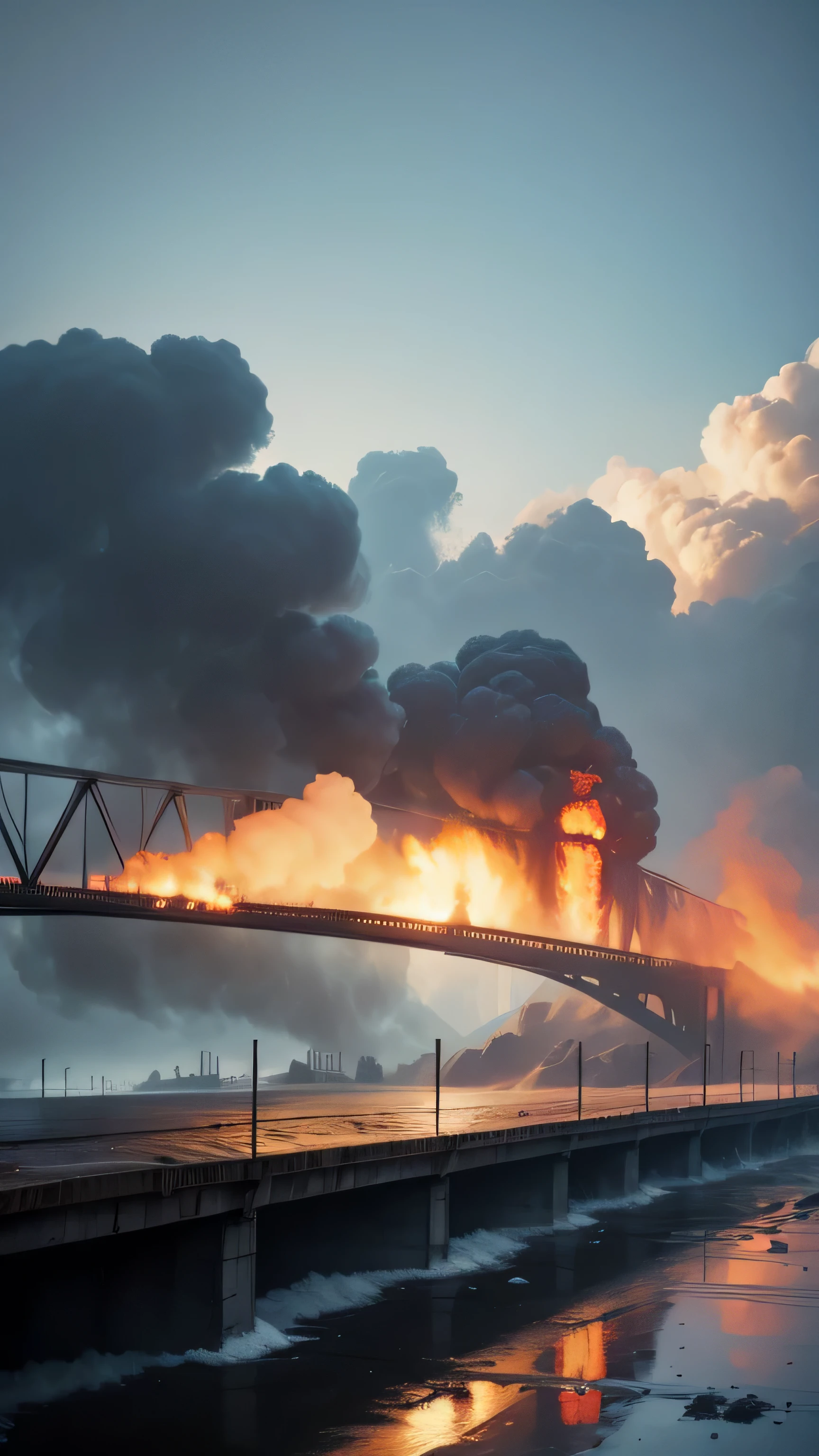 bridge collapsed, destroyed, broken, smoke, 8k, high quality
