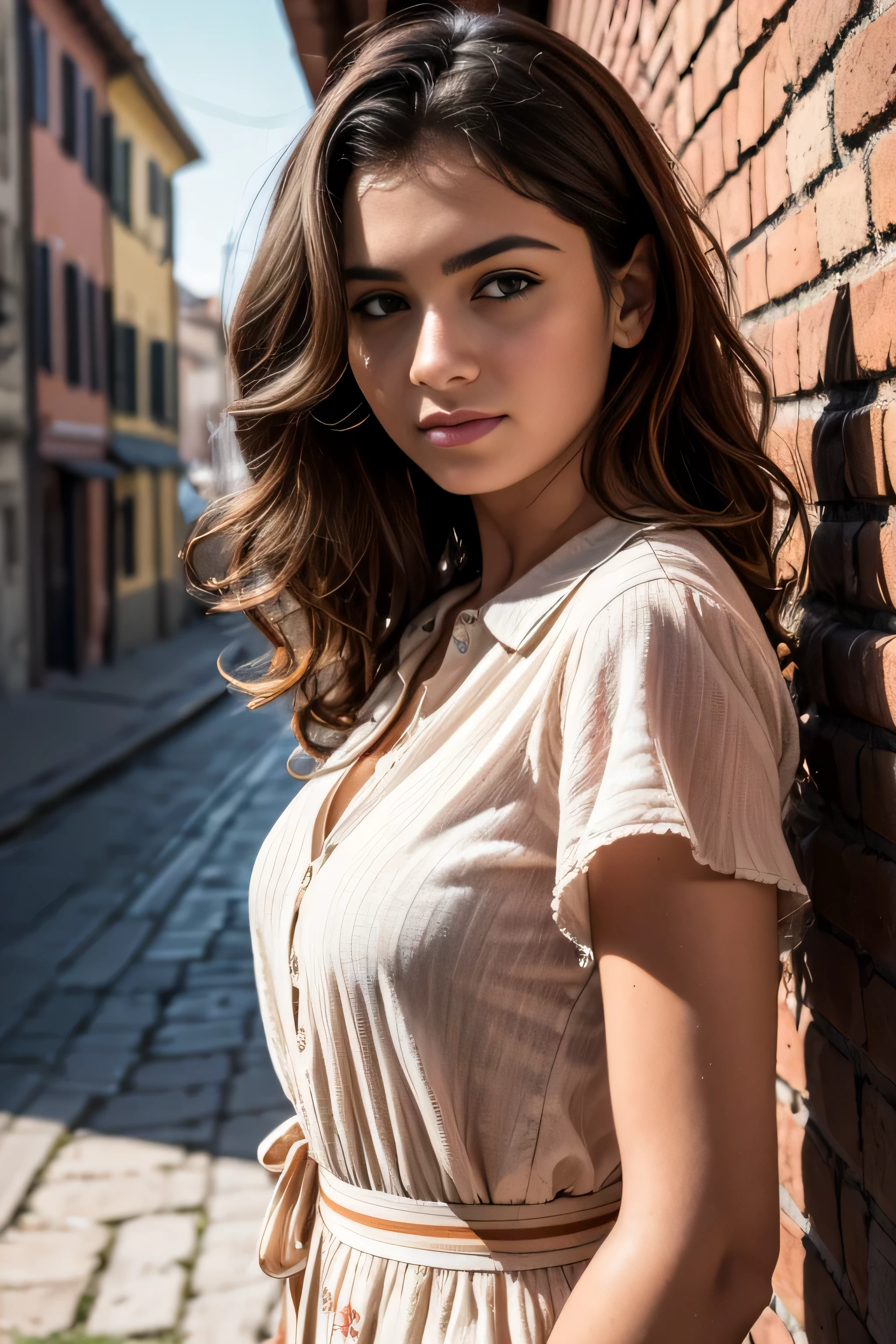 A woman standing in front of a brick wall wearing a dress - SeaArt AI