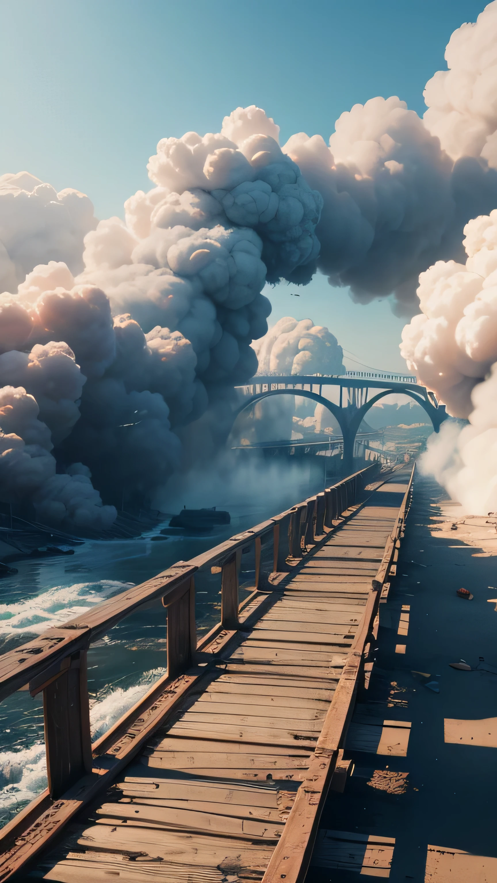 bridge collapsed, destroyed, broken, smoke, 8k, high quality