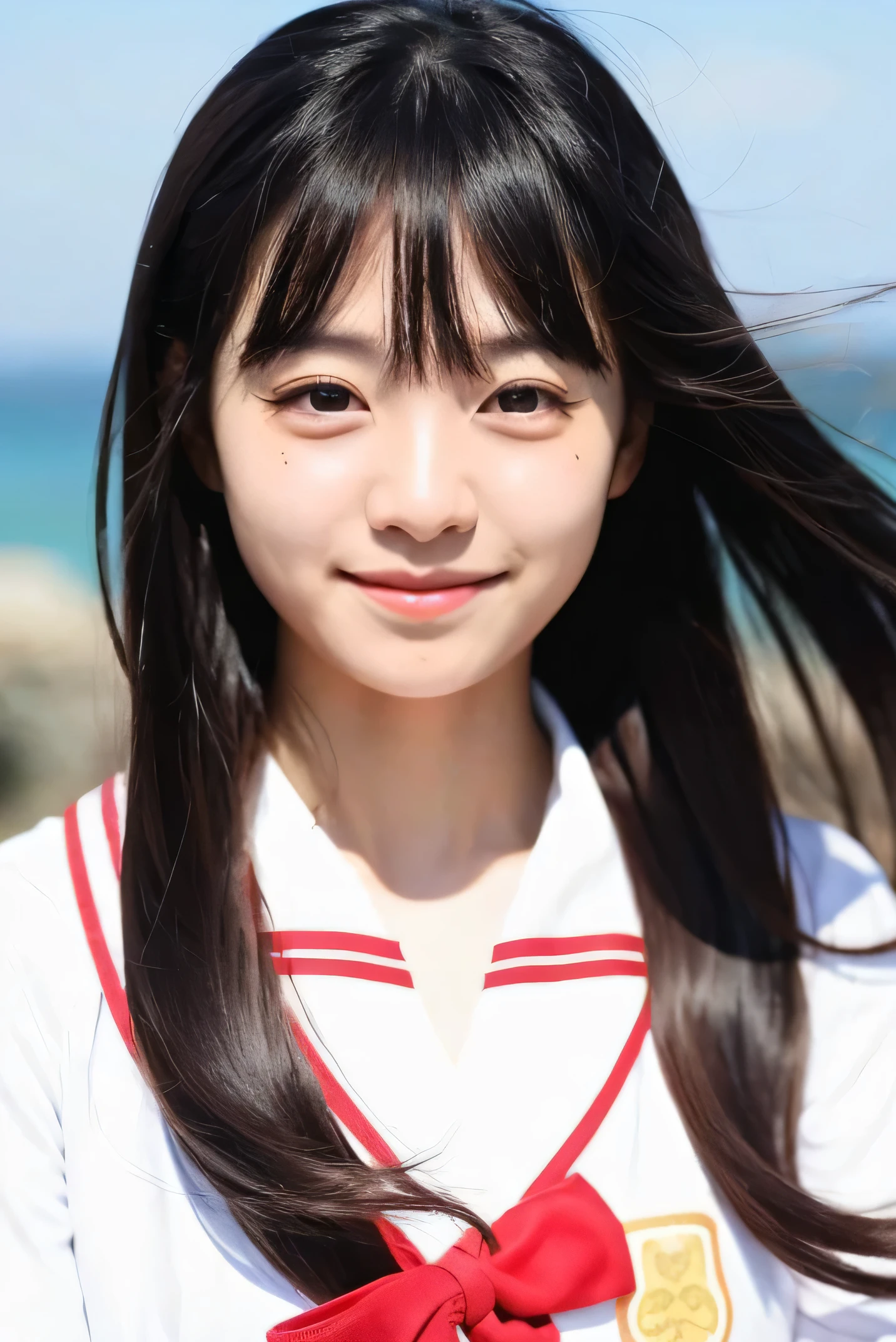 ((best quality)), ((masterpiece)), (detailed), perfect face The cutest 18 year old girls in Japan Very long straight black hair Black hair very long straight twin tails black berry long wavy hair Hair length to the waist detailed hair realistic skin detailed body sailor suit lipstick is bright red nose is small hair is flowing Sandy beach in clear weather neat bangs Bangs cut princess Japanese face forward realistic woman smile full body photography Upper body shot Close-up shooting of faces eyeliner dark black double eyelid The wind is blowing and my hair is floating Super thin eyebrows