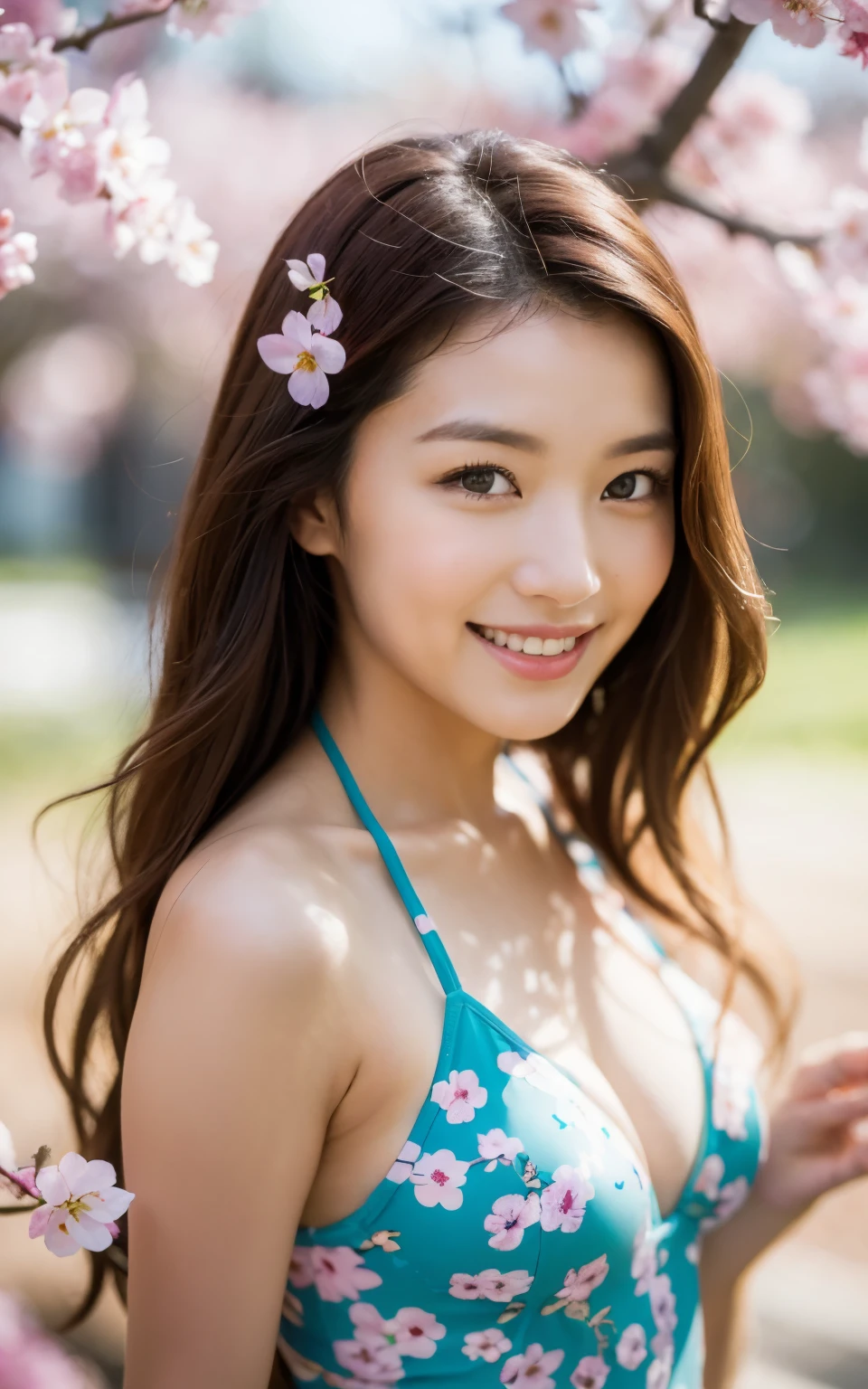 Highly detailed CG Unity 8K wallpaper, highest quality, Super detailed, masterpiece, realistic, photorealistic, Highly detailed cute girl, 25 years old,Let&#39;s imagine the scene。In the background, a row of cherry blossom trees in full bloom、Pale pink petals are falling from the sky。The model is perfectly dressed in a cute swimsuit.、Smiling at the camera、Posing。her bikini is、In the same color as cherry blossom petals、Symbolizes elegance and the arrival of spring。There are film crews around.、Carefully adjusting light and shadow、I&#39;m trying to capture this perfect moment.。the sunlight is soft、It gives the whole scene a warm atmosphere.。 In this shoot、Professional DSLR or mirrorless cameras used。The camera settings are as follows： • Mode: In manual mode、exposed、ISO、Fine-tune the shutter speed。 • Aperture (F-Score): F2.8〜Set in the F4 range.、Making the subject stand out、Beautifully blur the cherry blossoms in the background。 • shutter speed: 1 for capturing motion/Select 250 seconds or more。A quiet pose or、If you want to capture the moment when the petals flutter、Adjust the shutter speed。 • ISO: For shooting outdoors in bright light、Set the ISO to 100 or 200、Keep it as low as possible。 