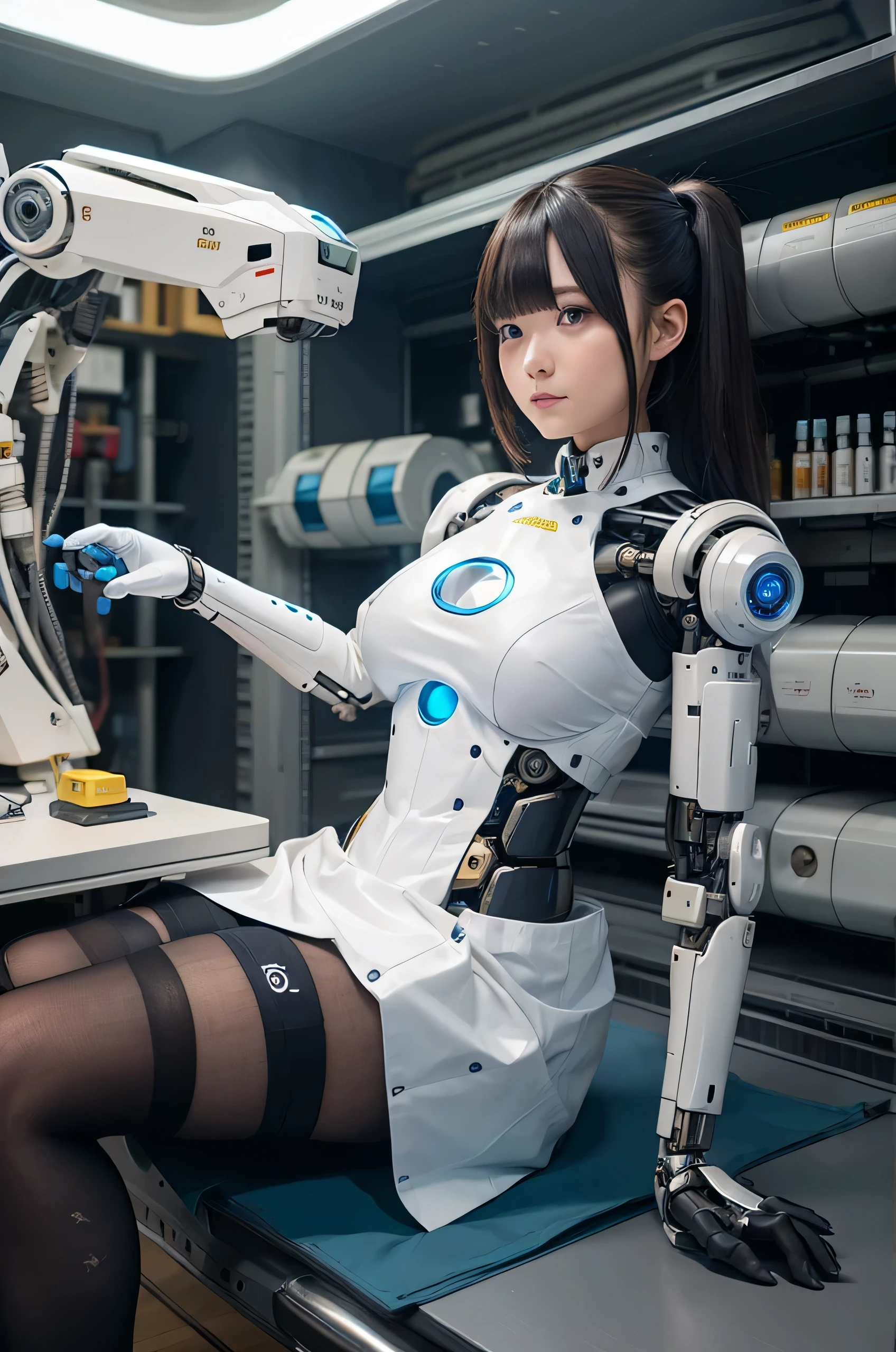 masterpiece, best quality, extremely detailed, Japaese android Girl,Plump,control panels,Mechanical Hand, Robot arms and legs,Mechanical body,Blunt bangs,android,droid,perfect robot woman,future laboratory,charging spot,She is sitting the charging spot,laboratory,long tube,thick cable connected her neck, white robot body,The removable cover is in the groin,The connection port is in the groin,assembly plant,skirt,knee high socks,(blue eyes:1.5)
