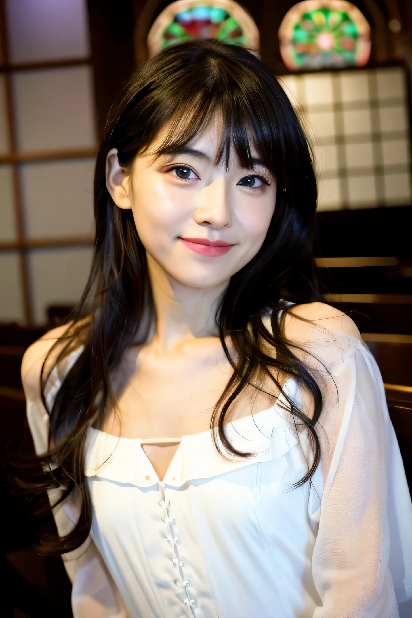 ((best quality)), ((masterpiece)), (detailed), perfect face The cutest 18 year old girls in Japan Very long straight black hair black berry long wavy hair Hair length to the waist detailed hair realistic skin detailed body clergy costume lipstick is bright red nose is small Church with lots of stained glass neat bangs Bangs cut princess Japanese face forward realistic woman smile full body photography eyeliner dark black Double eyelids and super thin eyebrows Rui Sakuragi