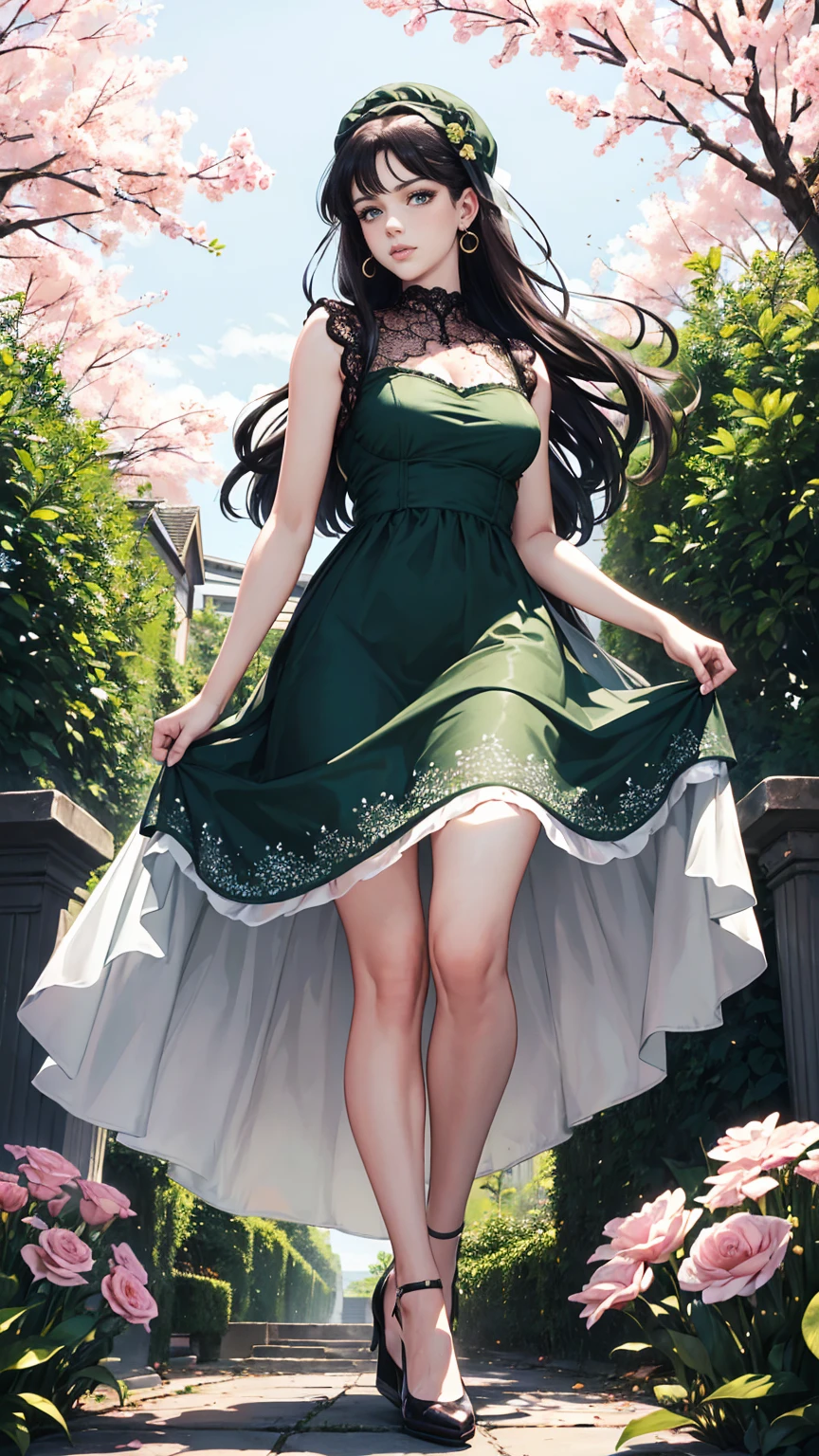 (masterpiece, Best quality, A high resolution, ultra detailed),(beautiful and aesthetically pleasing:1.2), (1 woman), adult, perfect body, wavy black hair, ((green eyes)), detailed eyes and face, (full_body),  A modern take on the classic spring Sicilian dress, transformed into a lace-embellished bodycon dress with a sheer bodice and pillbox hat, (pastel colors dress), delicate spring dress, high heel shoes, gentle and feminine look, garden, many flowers, 