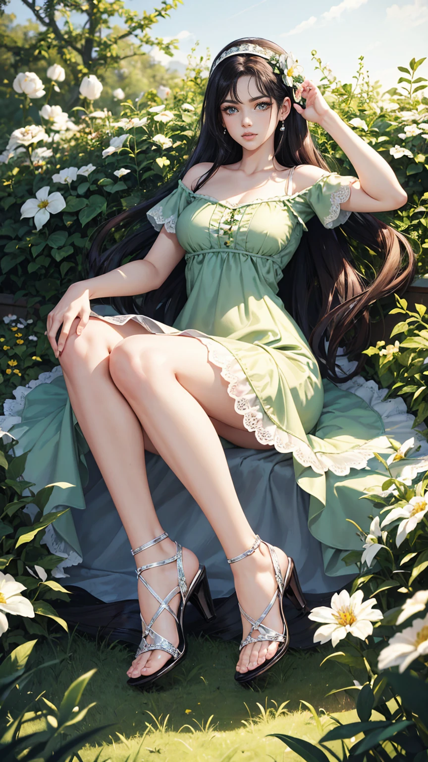 (masterpiece, Best quality, A high resolution, ultra detailed),(beautiful and aesthetically pleasing:1.2), (1 woman), adult, perfect body, wavy black hair, ((green eyes)), detailed eyes and face, (full_body),  A modern take on the classic spring Sicilian dress, transformed into a lace-embellished bodycon dress with a sheer bodice and pillbox hat, (pastel colors dress), delicate spring dress, high heel shoes, gentle and feminine look, garden, many flowers, 