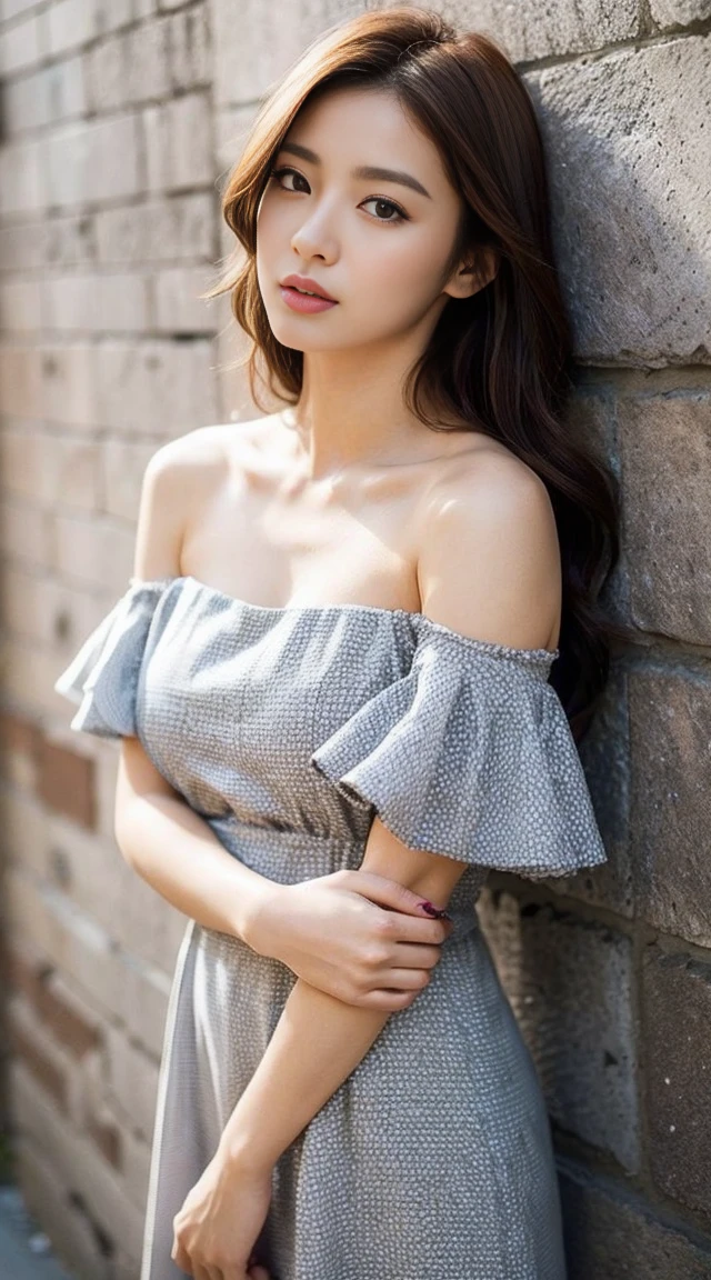 dark brown hair、light brown eyes、Japanese actress face、 lady、I'Iは彼とIが好きです'I'Iは40歳くらいです.、(intricate details:1.2)、(which one is the top?:1.4)、 (ultra high resolution:1.2)、ultra high resolution、(finely tuned)、(detailed facial features)、nffsw、8K resolution、D cup size breasts、long hair、1 girl, A look of deep sadness, (Highly detailed beautiful face), (Relaxed and stylish dress :1.5),(bare shoulders:1.3), (highest quality:1.4), (Super detailed)、beautiful fair skin, Angle from above、 Cross your arms in front of your body、Wrap your arms around your body.、open your mouth a little、Visible legs、Pose of Weakness、obscene pose、Street fashion、very sandals、cutout design、Are standing、leaning against the wall、