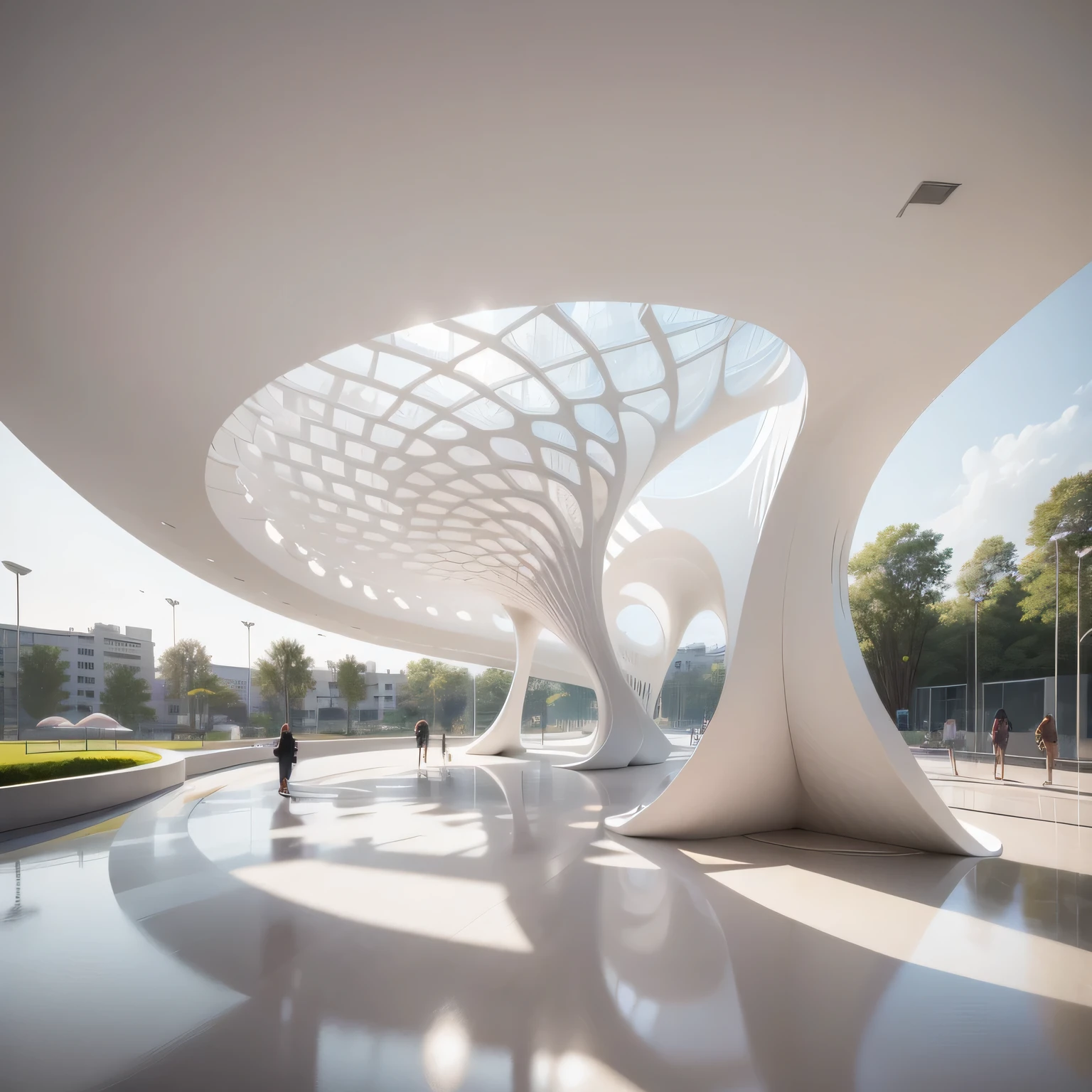 There is a huge white building，The roof is glass, by Zha Shibiao, inspired by Zha Shibiao, Zaha Hadid octane highly render, Web portals. Zaha Hadid, Parametric structure, in style of Zaha Hadid architect, parametric architecture, Zaha Hadid architecture, Zaha Hadid style architecture, futuristic structure, in style of Zaha Hadid, architectural rendering