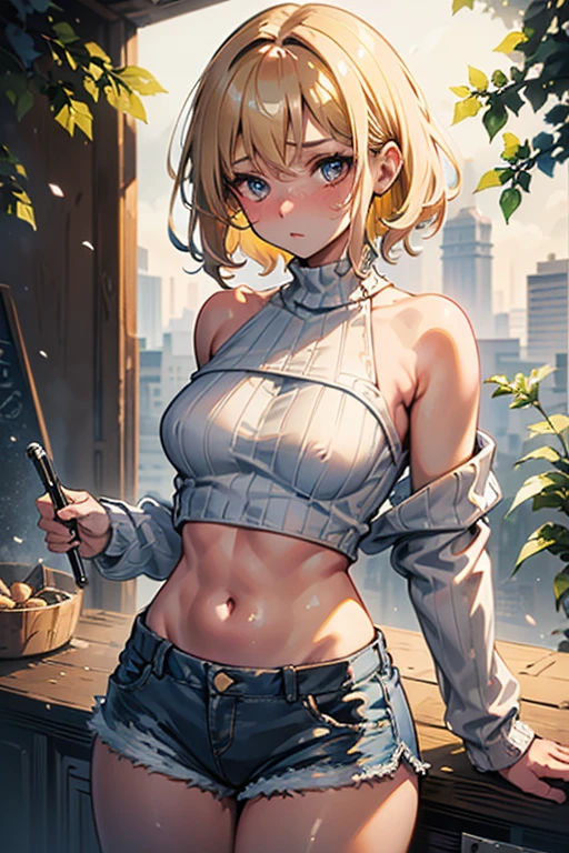 Artwork: Milf, blonde, fit, 40 year old. Facing camera. Standing. Tight tank top. big ,(masterpiece), best quality, extremely detailed, (watercolor), delicate and beautiful, illustration, (from below),(1girl:1.4), (solo:1.2), large breasts, (ribbed sweater:1.3), off-shoulder sweater, (short shorts:1.2), bare shoulders, (underboob), ((dark skin:0.8)), beautiful eyes, (disheveled hair ), over-the-shoulder shot, professional, sharp, bokeh, studio quality, fisheye lens, by Robert Capa ,