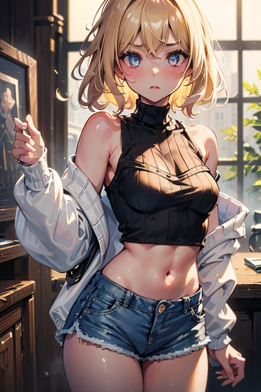 Artwork: Milf, blonde, fit, 40 year old. Facing camera. Standing. Tight tank top. big ,(masterpiece), best quality, extremely detailed, (watercolor), delicate and beautiful, illustration, (from below),(1girl:1.4), (solo:1.2), large breasts, (ribbed sweater:1.3), off-shoulder sweater, (short shorts:1.2), bare shoulders, (underboob), ((dark skin:0.8)), beautiful eyes, (disheveled hair ), over-the-shoulder shot, professional, sharp, bokeh, studio quality, fisheye lens, by Robert Capa ,