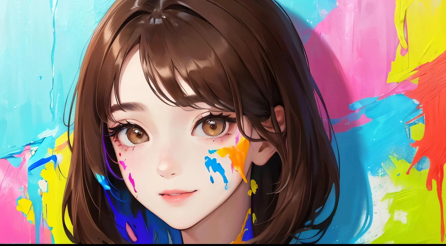 (((one girl)))、Masterpiece,best quality, (((Colorful paint on the wall))), (((face with paint、Clothes)))、determined expression, upper body diagram、((Smile))、White shirt with paint stains、 (highest resolution、clear_image)、best quality、contrast of light and shadow、((illumination))、very detailed、semi-realistic、Perm hairstyle、brown hair、bangs、19 years old、outdoor、 Lady,,young、((View from top))、delicate facial features facial features