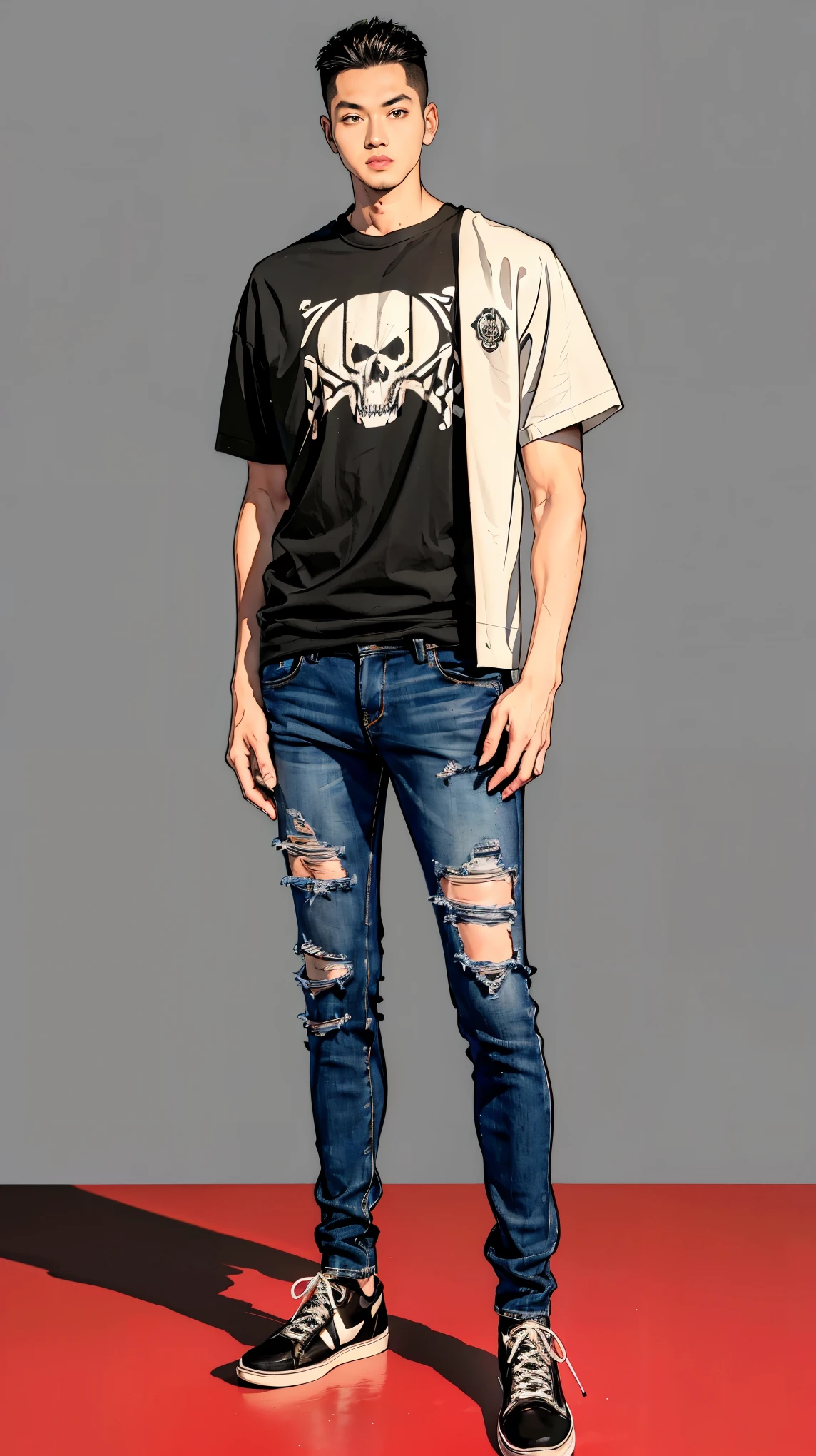 ((best quality,4k,highres,masterpiece:1.2)),((character concept art)), 1 male, age 18, Japanese. Known for his athletic prowess and friendly demeanor, Hiroshi radiates an approachable charm. With his tall and athletic build, he has a distinct, mature look. His body language is as captivating as his personality, always exuding confidence and sophistication. (((wearing a Mastermind Japan Skull Logo T-Shirt and Mastermind Japan Denim Jeans, displaying his athletic build. Over the t-shirt, he often wears a Mastermind Japan Leather Jacket, known for its high-quality leather and unique design elements. On his feet, he sports Mastermind Japan Sneakers))), the result of iconic collaborations with brands like Adidas and Vans. Despite the casual nature of his outfit, his style exudes an air of effortless elegance and sophistication that is characteristic of his personality. ((intricate detail)), super finely detailed hands, ultra finely detailed fingers(((ten fingers))), (standing confidently), (full body showcase), (show full body), (no logos on background), (no logo), ((plain background)), ((plain background)), (((empty background))).