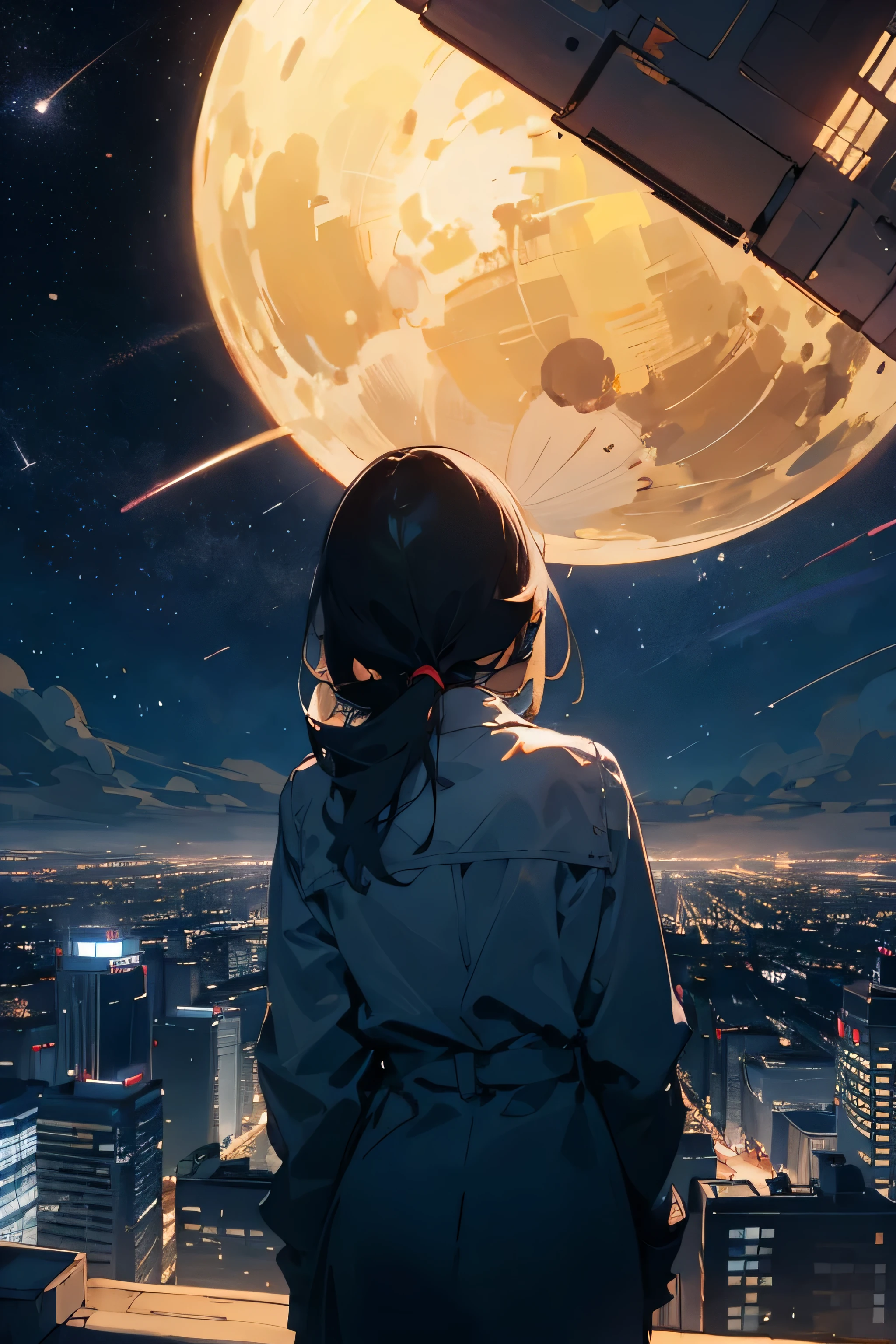 girl hands behind her back, , back view, looks at the stars, with the city in the background
