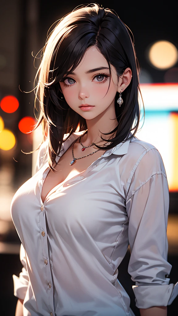 best quality, masterpiece, High resolution, a girl, Men's white collar shirt, necklace, jewelry, pretty face, big breasts, more than_Body, Tyndall effect, lifelike, dark studio, edge lighting, two-tone lighting, (HD skin: 1.2), 8K Ultra HD, SLR camera, soft light, high quality, Volumetric lighting, frank, photography, High resolution, 4K, 8K, Bokeh,