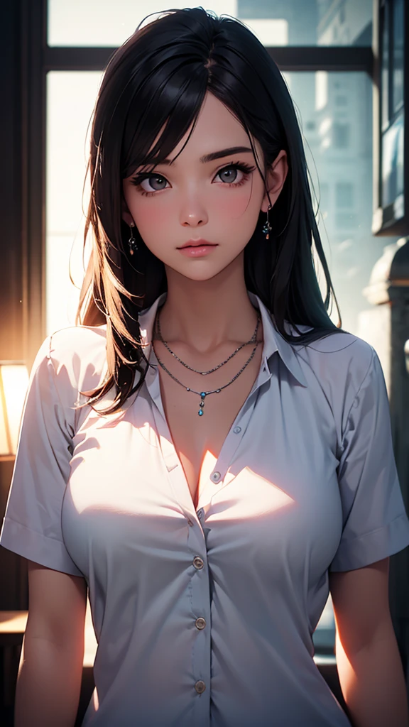 best quality, masterpiece, High resolution, a girl, Men's white collar shirt, necklace, jewelry, pretty face, big breasts, more than_Body, Tyndall effect, lifelike, dark studio, edge lighting, two-tone lighting, (HD skin: 1.2), 8K Ultra HD, SLR camera, soft light, high quality, Volumetric lighting, frank, photography, High resolution, 4K, 8K, Bokeh,