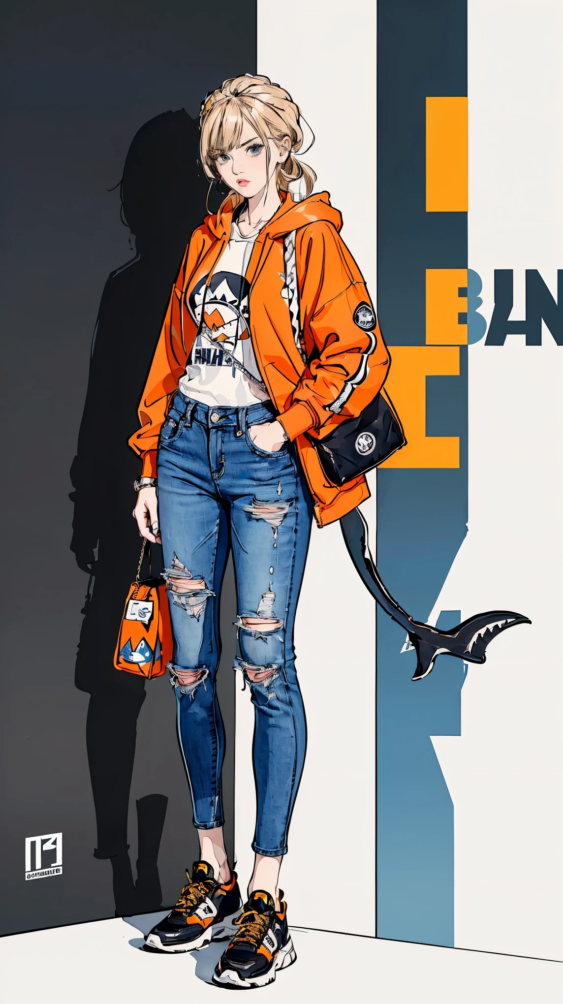 ((best quality,4k,highres,masterpiece:1.2)),((character concept art)), 1 female, age 17. She's dressed in a streetwear ensemble by A Bathing Ape. (((She's wearing the brand's iconic Camo T-Shirt, paired with high-waisted, belted denim jeans. A Bathing Ape's distinctive Full Zip Hoodie, featuring a shark face or the brand's logo on the hood, completes the outfit.))) Switching up her footwear for a more urban look, she sports a pair of Bapesta Sneakers, known for their star logo and wide array of colorways. ((Her blonde hair is neatly tied back. Her accessories include an ISSEY MIYAKE Bao Bao Prism Crossbody Bag and a stylish Hermes enamel bangle)). Her style exudes an air of effortless sophistication with a streetwear twist. ((intricate detail)), super finely detailed hands, ultra finely detailed fingers(((ten fingers))), (standing casually), (full body showcase), (show full body), (no logos on background), (no logo), ((plain background)), ((plain background)), (((empty background))).