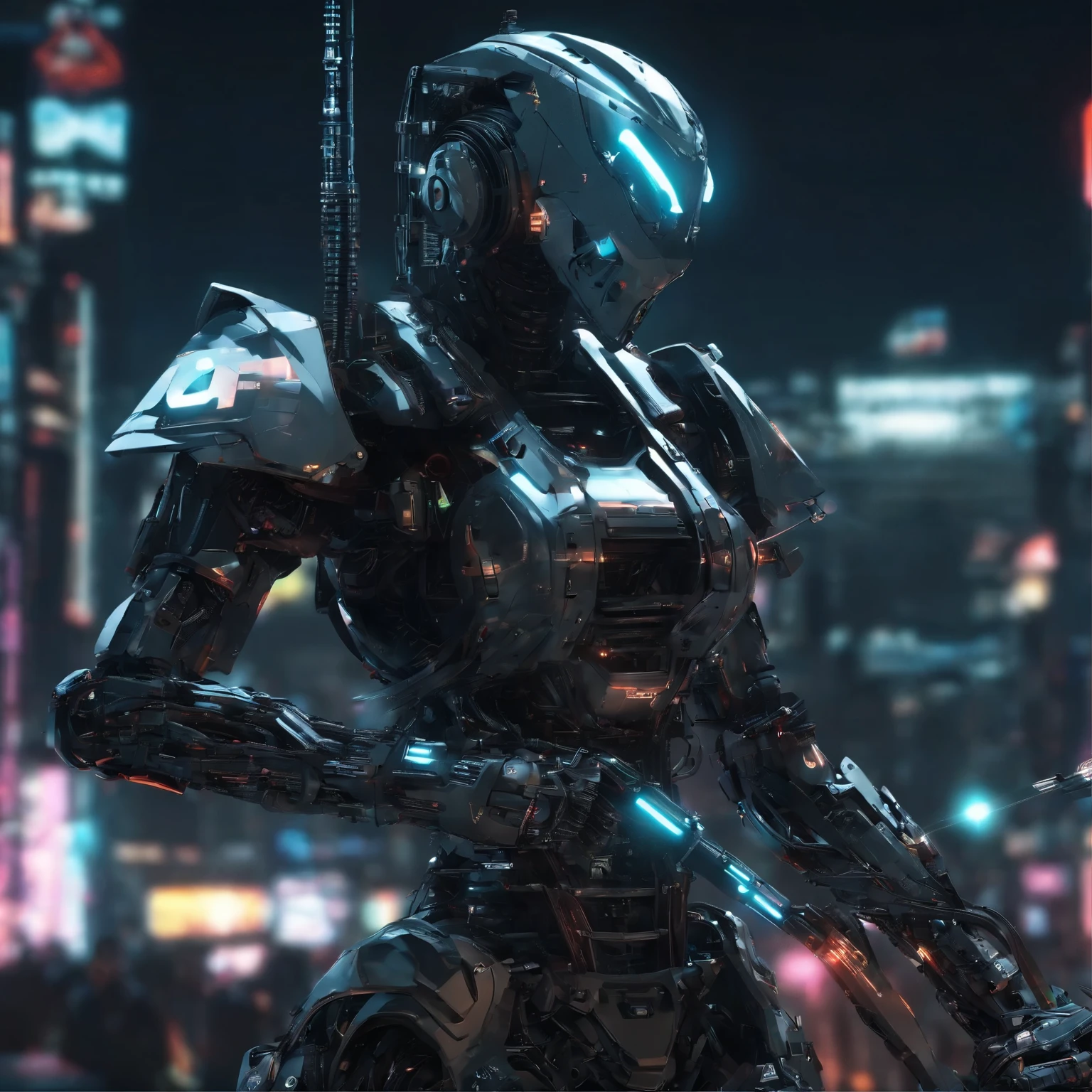 Cyberpunk aesthetic, female samurai with robotic enhancements, dystopian city, dusk, glowing katana,detailed