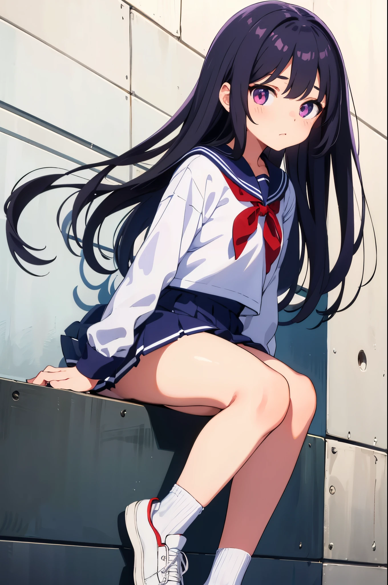 school 　8-year-old　flat chest　black hair　lhair　s are purple　（（1 person））　Upper half length sleeve white sailor uniform　Lower body navy blue miniskirt（（White panties are visible））　black socks　sneakers　stand by the wall　spread your legs a little　I can see white panties　dynamic angle　upper body center　Low angle from the front