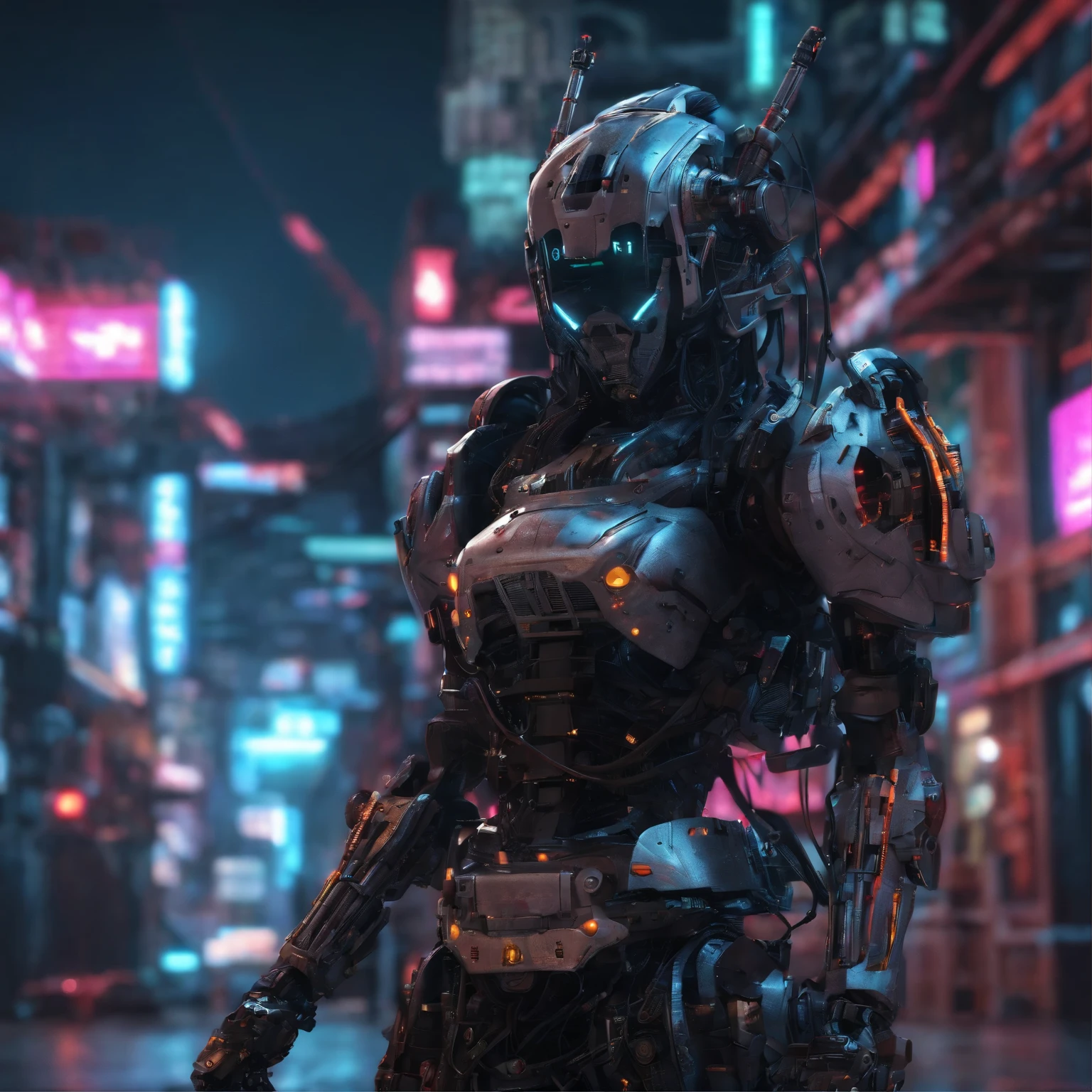 Cyberpunk aesthetic, female samurai with robotic enhancements, dystopian city, dusk, glowing katana,detailed