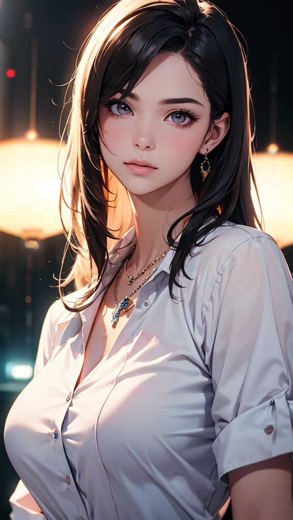 best quality, masterpiece, High resolution, a girl, Men&#39;s white collar shirt, necklace, jewelry, pretty face, big breasts, more than_Body, Tyndall effect, lifelike, dark studio, edge lighting, two-tone lighting, (HD skin: 1.2), 8K Ultra HD, SLR camera, soft light, high quality, Volumetric lighting, frank, photography, High resolution, 4K, 8K, Bokeh,